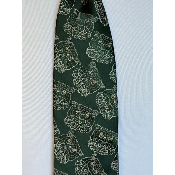 Vintage 70s Green Owl Tie Groovy Hipster Indie Alternative Collegiate Professor - Picture 3 of 7